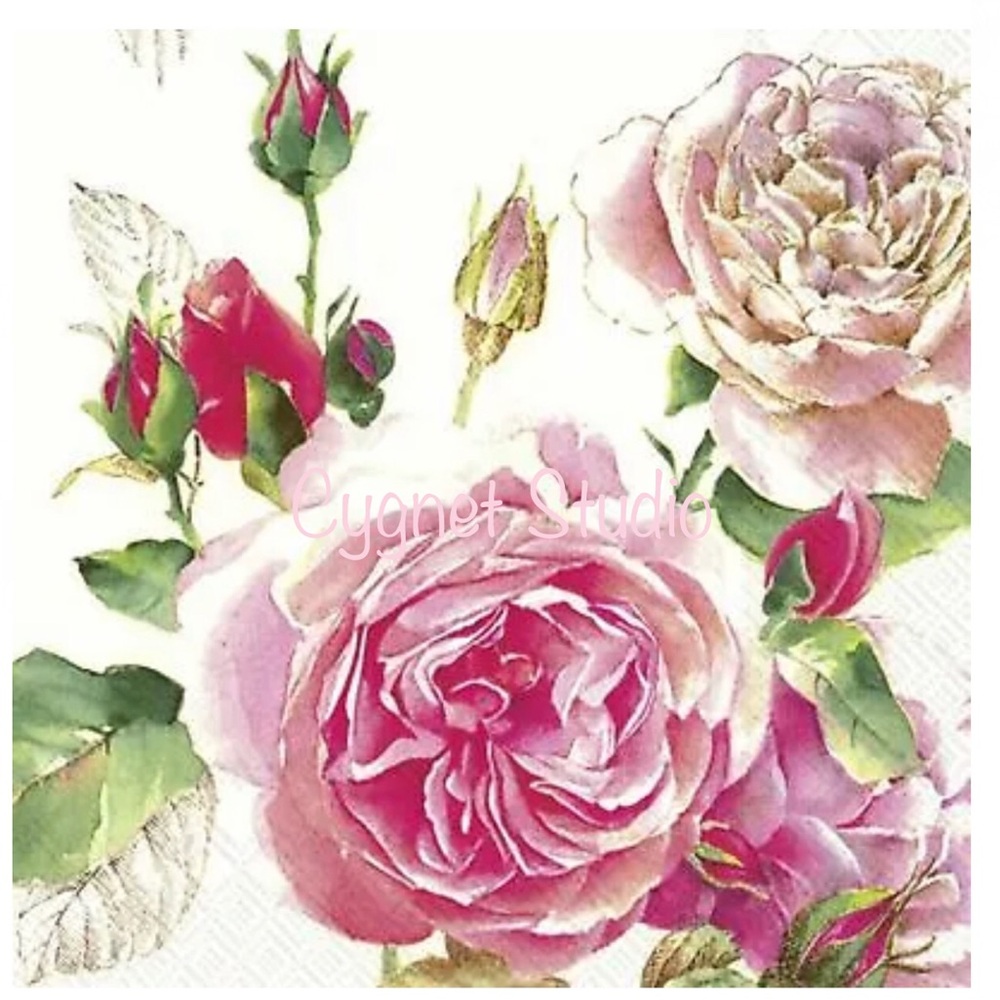 MesaFina Two (2) INDIVIDUAL Tea Rose Paper Decoupage Cocktail Napkins for Crafts